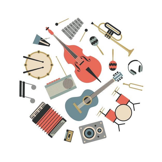 Musik, flache illustration von musikinstrumenten, icon-set