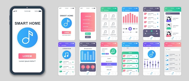 Musik-Mobile-App-Interface-Bildschirme-Schablonset Online-Konto-Playlist-Song-Bewertung Audio-Play-Equalizer-Einstellungen Übertragung Packung von UI UX GUI-Kit für Anwendung Web-Layout Vektordesign