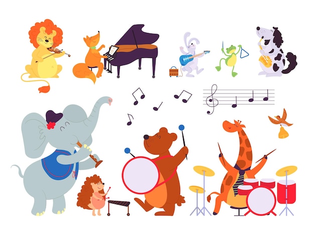 Musik tiere. musiker spielen instrumente, waldbewohner mit saxophon-tamburin-geigentrommel. cartoon löwe fuchs hase vektor. illustration elefant und löwe, fuchs und giraffe, pianist und rhythmusbass