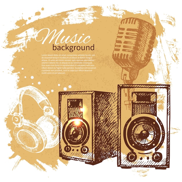 Musik-Vintage-Hintergrund. Handgezeichnete Abbildung. Splash Blob Retro-Design mit Lautsprechern