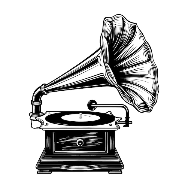 Musikalisches Grammophon Vintage-Holzschnitt-Gravurstil-Vektorillustration