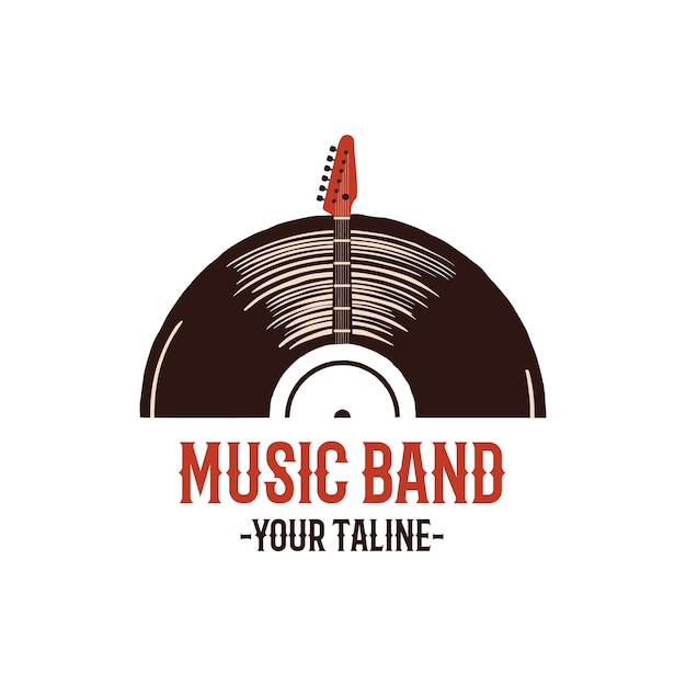 Musikband-Logo-Vorlage mit Gitarre und Vynil-Platte Disco-Emblem-Abzeichen-Design-Lagervektor Retro