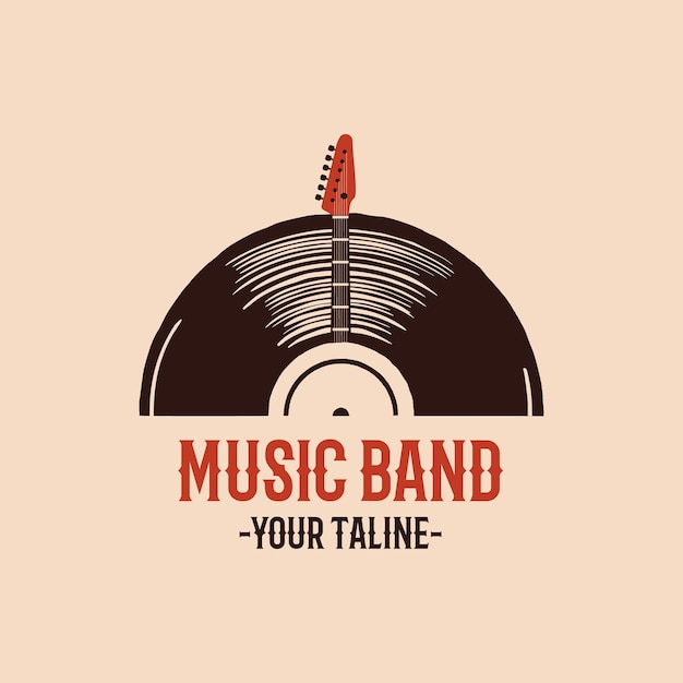 Musikband-logo-vorlage mit gitarre und vynil-platte disco-emblem-abzeichen-design-lagervektor retro