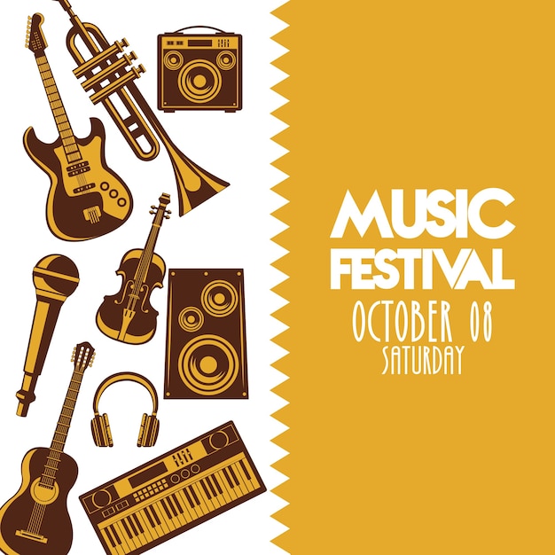 Musikfestivalplakat mit instrumenten und schriftzug.