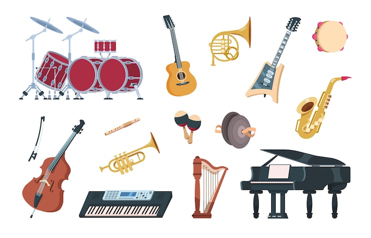 Vektor musikinstrumente. akustische, elektrische und percussion-cartoon-vintage-ausrüstung für musikkonzerte und partys. vektorillustrationsmusikinstrument jazz, folk und traditionelles set