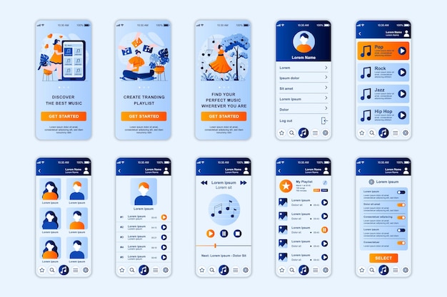 Musikkonzept-bildschirme, die für das ui-ux-gui-benutzeroberflächen-kit für mobile app-vorlagen festgelegt wurden