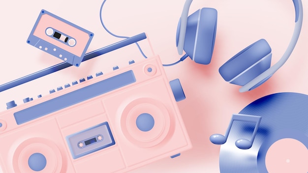 Musiknoten mit Boombox-KopfhörerkassetteVinyl-Songmelodie oder realistische 3D-Stimmung