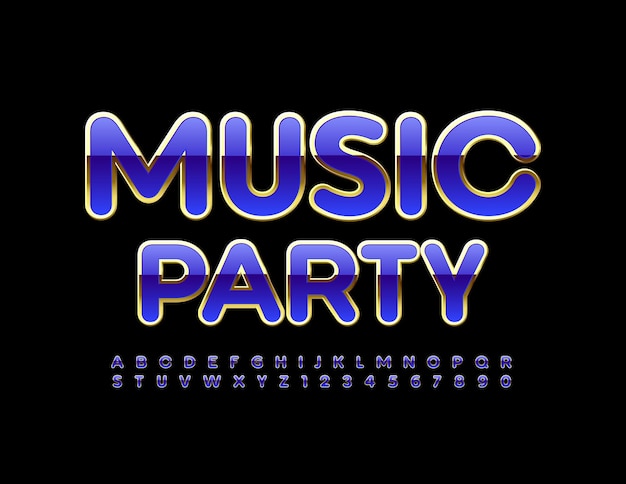 Musikparty gold und lila trendige schriftart glänzendes alphabet buchstaben und zahlen eingestellt