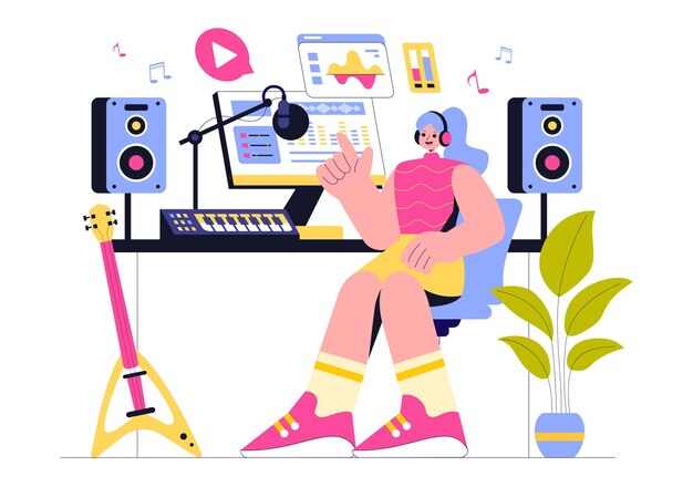 Musikproduktionsillustration mit Menschen, die einen Audio-Podcast oder eine Online-Show mit professioneller Studio-Ausrüstung hören und aufnehmen