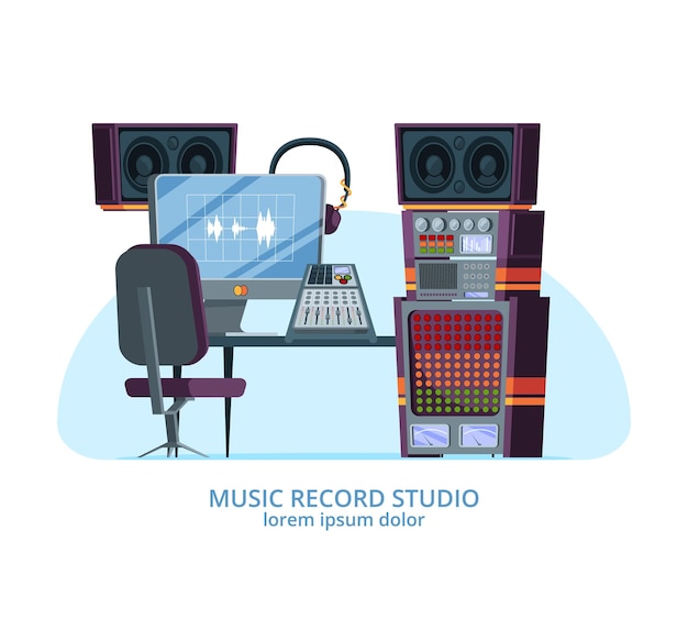 Musikstudio Musik- und Computergeräte für professionelle Aufnahmestudio-Audio-Lautsprecher Kopfhörer Vektorillustrationen