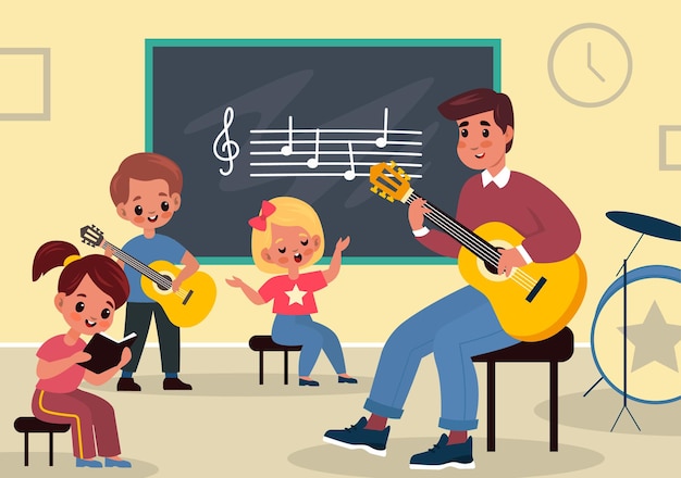 Musikunterricht lernen. Junge Studenten hören Lehrer. Glücklicher Mann mit Gitarre unterrichtet Kinder im Klassenzimmerinnenraum, in der Grundschule oder im Kindergartenkindermusikerziehungsvektor flaches Karikaturkonzept