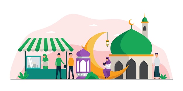 Muslimische aktivitäten im ramadan warten auf iftar brechen fasten flache illustration arabische kulturlandschaft