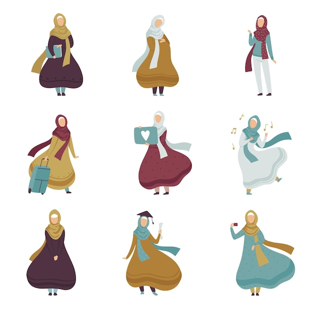 Vektor muslimische frauen in verschiedenen situationen setzen arabische frauen in traditioneller kleidung vektor-illustration auf weißem hintergrund