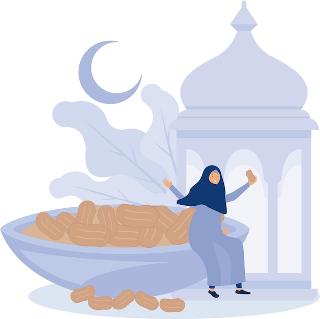 Vektor muslimische frauen sind glücklich und genießen die iftar-mahlzeit des ramadan ramadan kareem flachen vektor modern