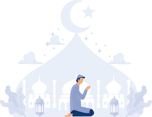Muslimische gebetsillustration ramadan kareem grußpostkarte flacher vektor moderne illustration