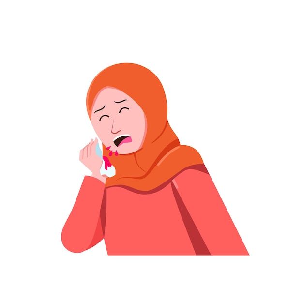 Vektor muslimische hijab-frau blut husten hämoptysis lungenerkrankung entzündung verletzung medizinische illustration