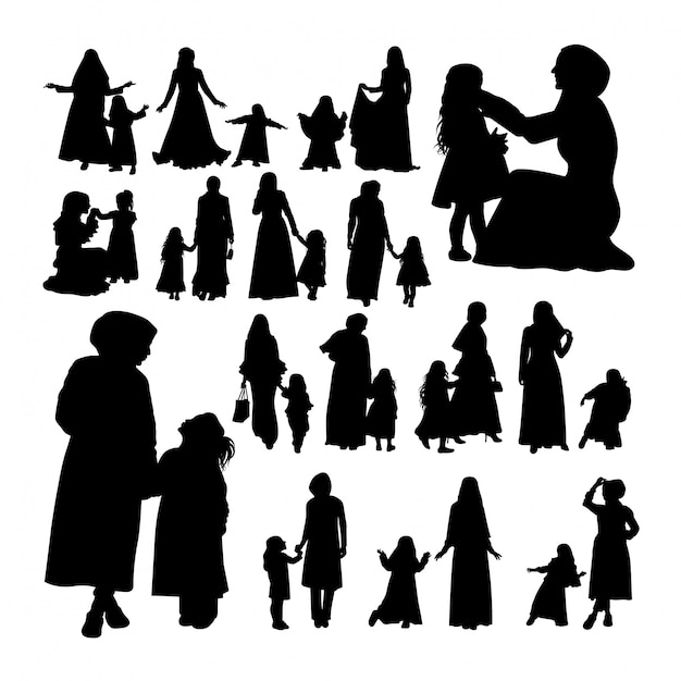 Muslimische mutter und kind silhouetten.