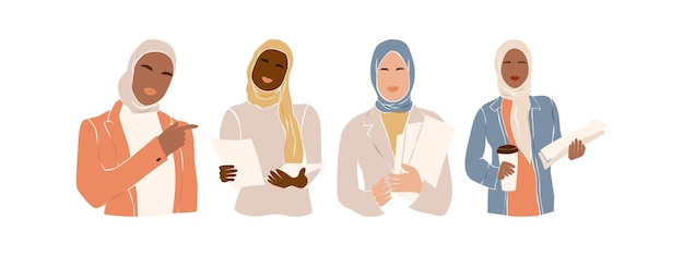 Vektor muslimische vielfalt frauen mit notizbüchern moderne abstrakte mädchen im hijab, die im büro arbeiten arabische bussineswomen flache vektordarstellung isoliert auf weißem hintergrund