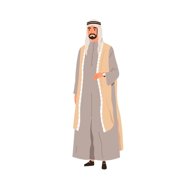 Muslimischer arabischer Mann mit traditioneller Kleidung, Thobe, Weste und Kopfbedeckung. Arabische Person in Tunika und Keffiyeh. Orientalischer Mann in nationaler Kleidung. Flache Vektorillustration lokalisiert auf weißem Hintergrund