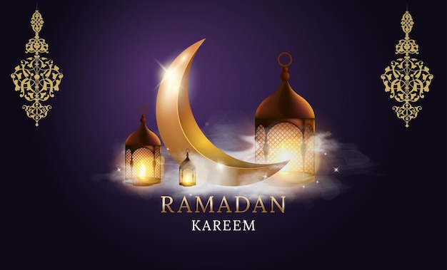 Muslimisches Fest des heiligen Monats Ramadan Kareem Goldener Mond mit Wolken Vektor-Illustrationsdesign