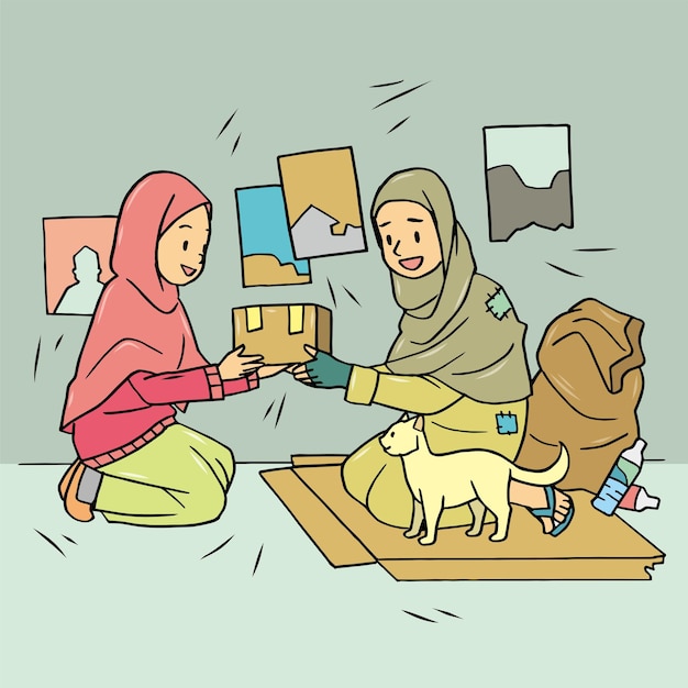 Muslimisches Mädchen im Hijab gibt armen Menschen Geschenke.