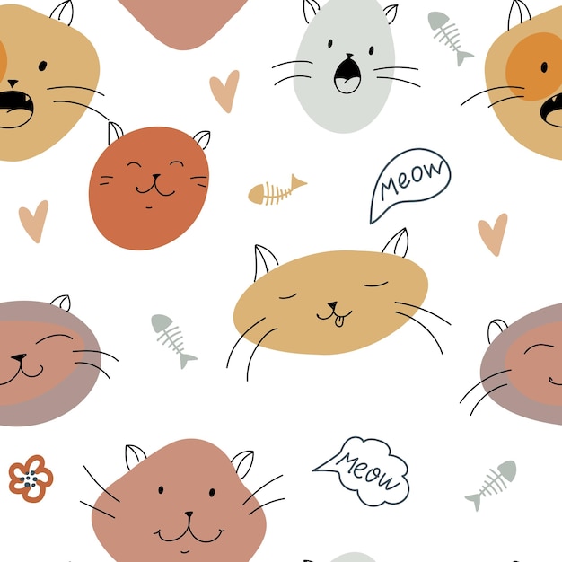 Muster aus Katzenpfotenabdrücken und Wollknäueln. Druck in Pastellfarben mit lustigen Tieren, Haustieren, Handzeichnung, nahtlose Muster, Vektorillustration
