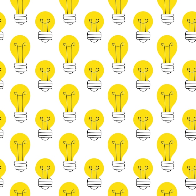 Vektor muster einer elektrischen glühbirne im doodle-stil cartoon-muster-lampengruppe auf weißem hintergrund