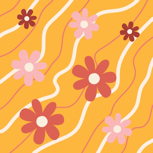 Muster groovy trippy gänseblümchen gänseblümchen und linien auf orangefarbenem hintergrund 70er-jahre-vibes floral handgezeichnet