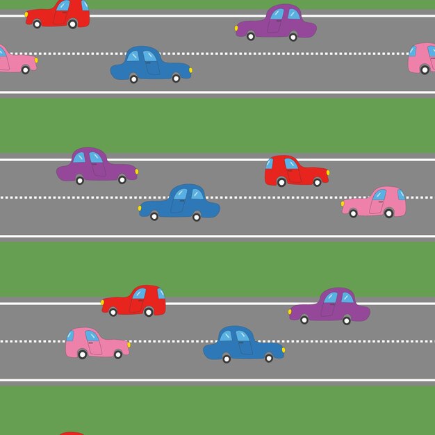 Muster mehrfarbige kinderautos fahren entlang der straßenstreifen auf einem nahtlosen hintergrund