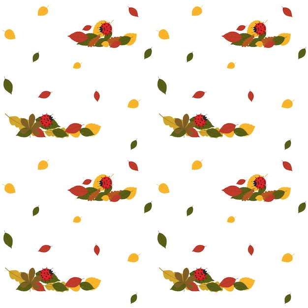 Muster mit Herbstlaub und einem roten Marienkäfer. Vektor-Illustration