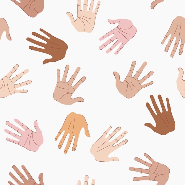 Muster mit multikulturellen händen hände unterschiedlicher hautfarbe vektor-illustration der hände high five hintergrund