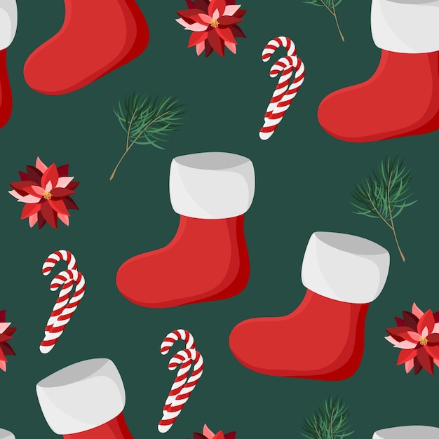 Muster mit weihnachtssocke grüner hintergrund druck poinsettia kiefer zuckerrohr urlaubsverpackung