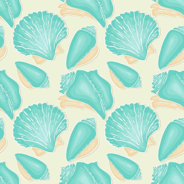 Muster seashell handgezeichnetes gekritzel, das blaue und beige pastelltöne vektorillustration zeichnet