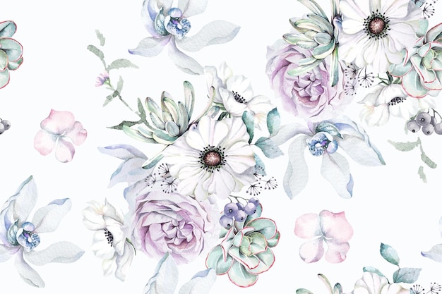 Muster von Anemonen und Blumen mit Aquarell für Stoff und Tapete.Botanischer Blumenhintergrund.