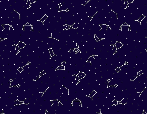 Muster von Tierkreiszeichen am Himmel auf einem blauen Hintergrund im Doodle-Stil