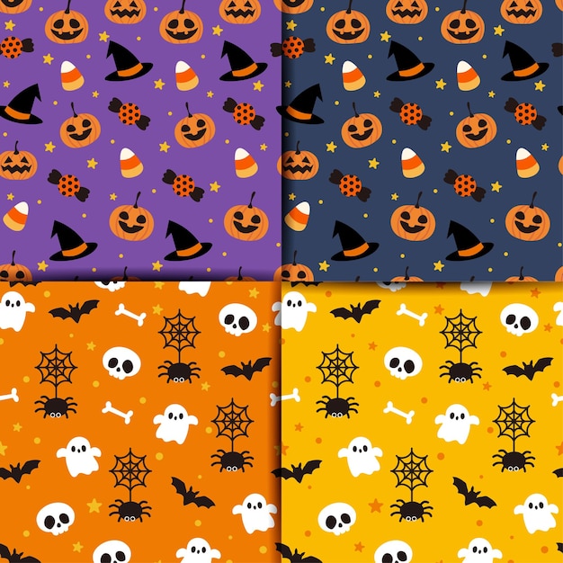 Musterdesignsatz glückliches halloweens nahtlose. farbsymbole von schädel, kürbissen, spinnen, gespenstern.