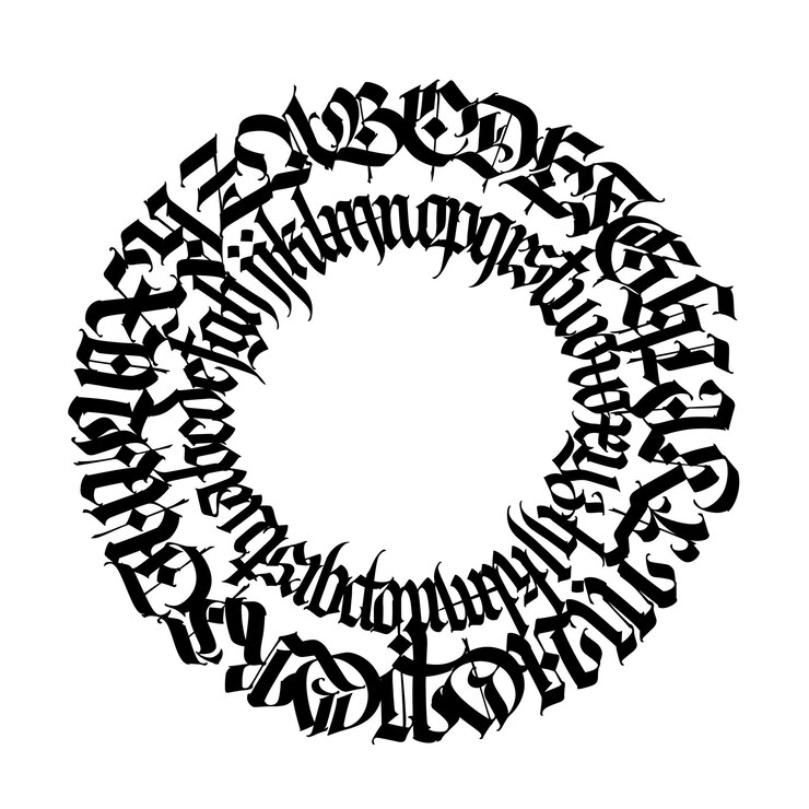 Musterornament im gotischen Stil Gesamtes Alphabet Mittelalterliche lateinische schwarze Buchstaben in einem Kreis