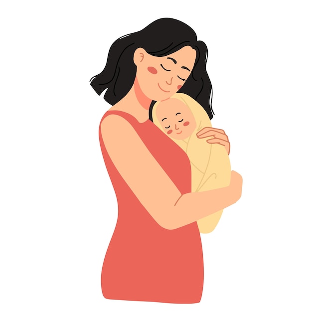 Vektor mutter, die neugeborenes baby umarmt, liebesaktion, glückliches lächeln, frauenillustration