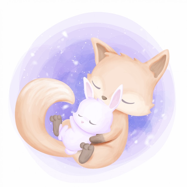 Mutter fox hug baby rabbit