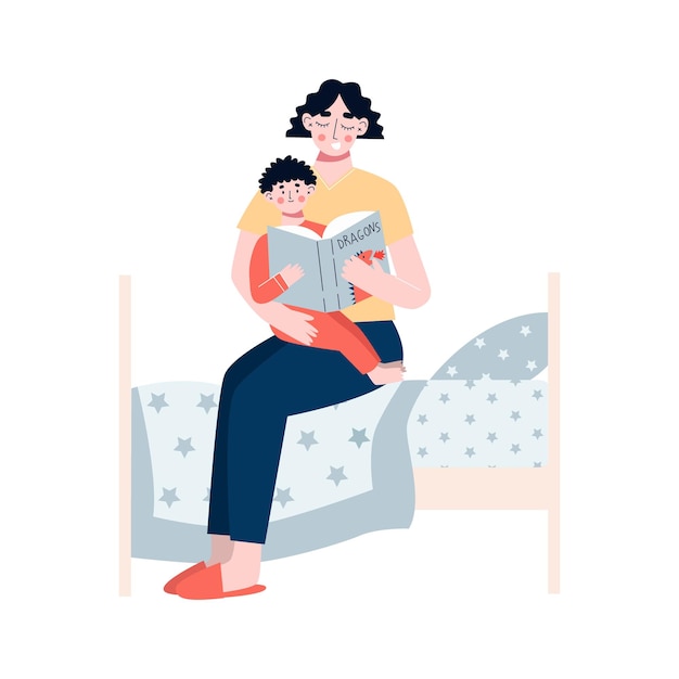 Mutter liest ein Buch, in dem ihr Sohn Mutter und Sohn gemeinsam Märchen lesen