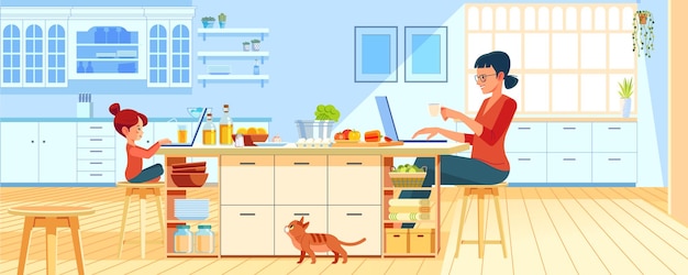 Vektor mutter mit kleiner tochter mit laptop in der küche zu hause die berufstätige mutter arbeitet von einem heimbüro aus