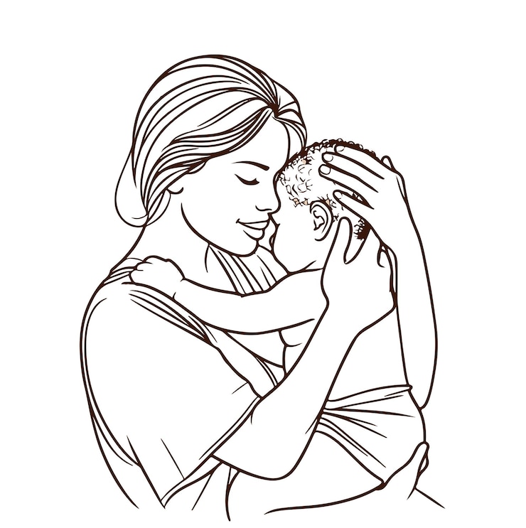 Vektor mutter umarmt baby stilisierter vektor frau mit einem neugeborenen in den armen isoliert eine junge mutter und baby auf weißem hintergrund minimal schwarze skizze in den linien glücklicher muttertag vektorillustration