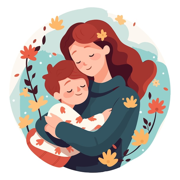 Mutter umarmt ihre Tochter auf einer Blumen-Hintergrund-Vektorillustration in einem flachen Stil