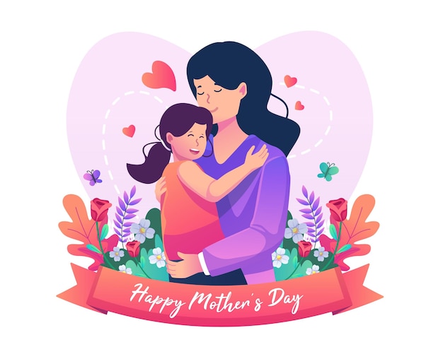 Mutter und ihre süße Tochter umarmen sich mit viel Liebe Fröhliche Muttertagsillustration
