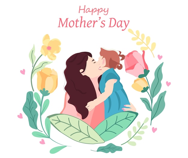 Mutter und ihre Tochter umarmen Happy Mother's Day Greeting Vector Illustration