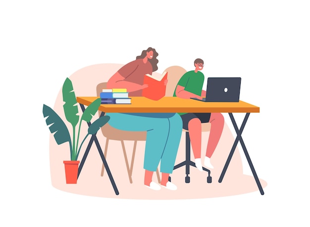 Mutter und Kind lesen Bücher und lernen Klassen zu Hause mit Laptop Eltern oder Lehrer und Sohn, die am Schreibtisch sitzen