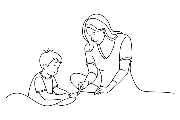 Mutter und Kind Sohn Zeichnungen sind engagiert in der kreativen zu Hause Eine Linie kontinuierliche Linie Kunst