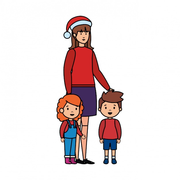 Mutter und Kinder mit Weihnachtskleidung