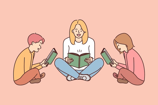 Mutter und kinder sitzen mit einem buch auf dem boden und lesen begeistert interessante geschichten