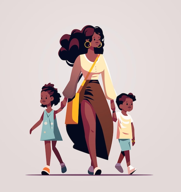 Mutter und kleine kinder, die zusammen gehen afroamerikanische mutter, die sohn und tochter zur schule oder in den kindergarten bringt mutterschaft glückliches familienkonzept in voller länge vektorillustration